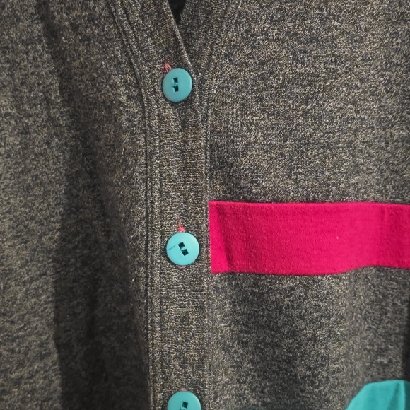 1980s Women's Charcoal Cardigan with Pink and Teal Stripes & Inside Pocket - Picture 3 of 6